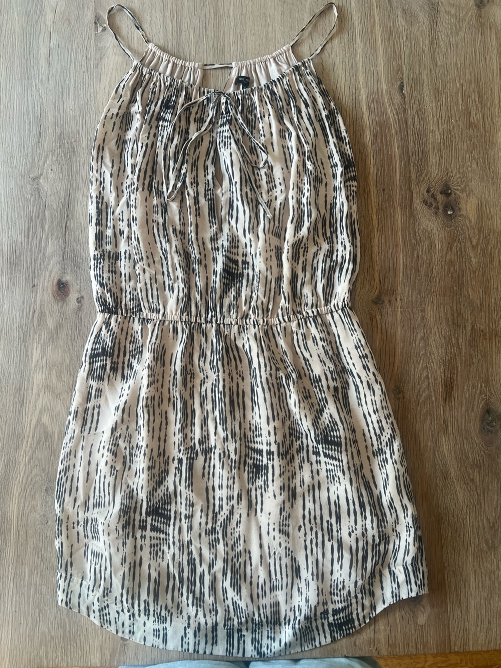 Nue 1904 Paris Silk Beige & Black Patterned Spaghetti Strap Dress